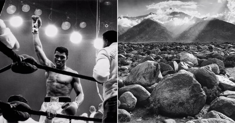 Imagen dividida en blanco y negro: a la izquierda, un boxeador victorioso levanta su puño bajo la luz brillante. A la derecha, enormes rocas están dispersas en el paisaje rocoso con montañas y enormes nubes en el fondo.