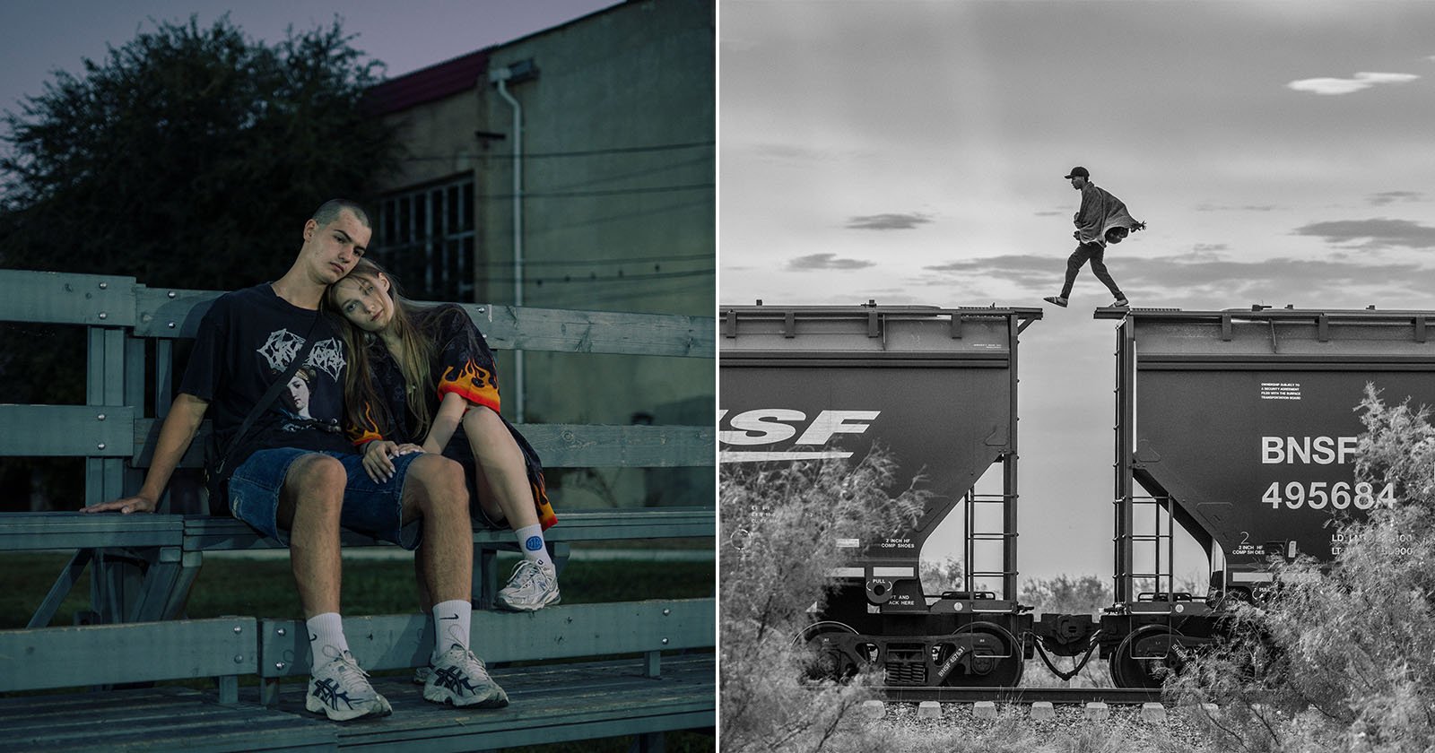 The image is split in two: on the left, a young couple sits on bleachers, the girl resting on the boy’s shoulder; on the right, a person walks on top of a moving train car in black and white.