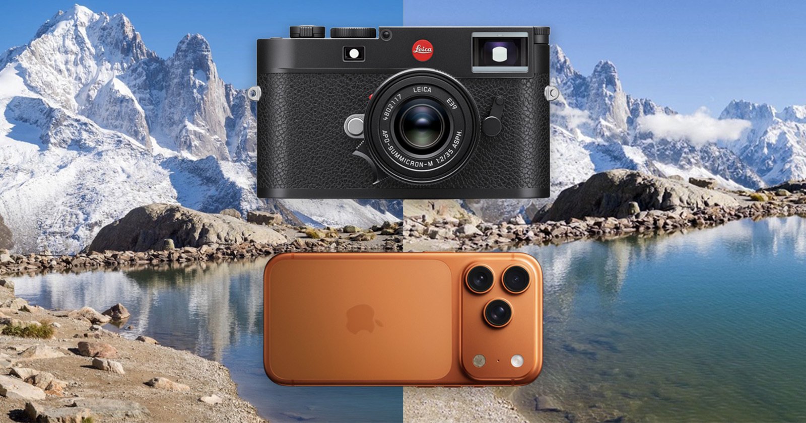 A Leica camera and an orange smartphone are positioned over a split landscape of snowy mountains and a lake, highlighting a comparison between traditional and modern photography tools.