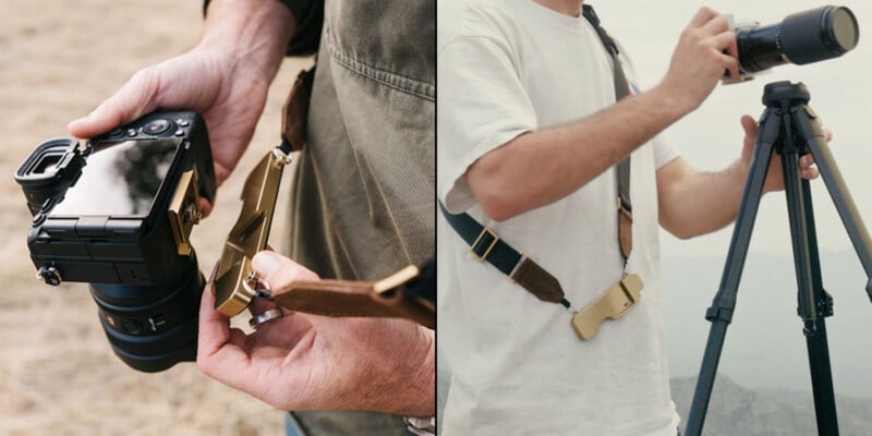A split image showing a person attaching a camera strap to a camera on the left, and another person using a camera with a strap while adjusting a tripod-mounted camera on the right.