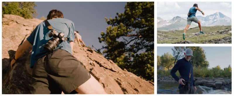 Three images show a man outdoors: climbing a rocky slope, taking photos in a mountainous area, and standing by a stream with a camera attached to his belt.