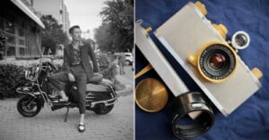 A black-and-white photo of a stylish man sitting on a parked scooter is on the left; on the right, a close-up color photo shows a vintage-style camera with gold and beige accents.