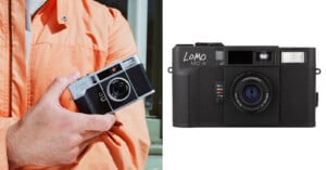 A person in an orange jacket holds a vintage-style Lomo camera in their left hand. Next to them is a close-up of the same black Lomo MC-A camera against a white background.