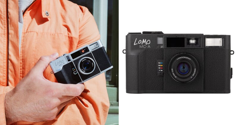 A person in an orange jacket holds a vintage-style Lomo camera in their left hand. Next to them is a close-up of the same black Lomo MC-A camera against a white background.