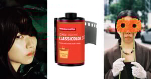 A collage with three panels: a woman’s face next to green leaves, a roll of Lomography Lomochrome film in the center, and a woman wearing white gloves holding orange flowers over her eyes.