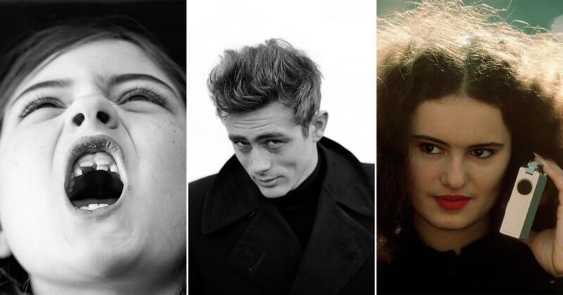 A collage of three portraits: a child yelling with mouth open, a man with slicked-back hair and serious expression in black and white, and a woman with curly hair holding a small camera, looking to the side.