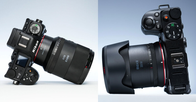 Vistas de lado a lado de dos cámaras negras con lentes conectadas, ambas se muestran. A la izquierda está Nikon con una lente de 135 mm. A la derecha hay otra cámara con una lente F1.4 de 85 mm. Ambos se establecen en un fondo simple.