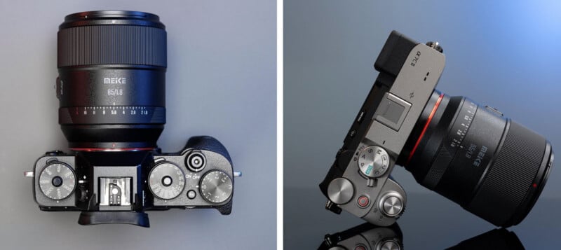 Imagen de lado a lado de la cámara digital: la vista superior con la lente Meke 85 mm se muestra a la izquierda, y la vista lateral de la lente se muestra a la derecha, establecida contra un fondo de gradiente azul.