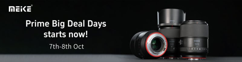 Banner ancho que muestra tres lentes de cámara sobre fondo negro con texto: "Meike. ¡El primer gran día ya está encendido! 7-8 de octubre