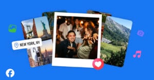 A collage on a blue background with travel photos, a group of friends dancing, and icons for photos, music, and camera. A "New York, NY" location tag and Facebook logo are included.
