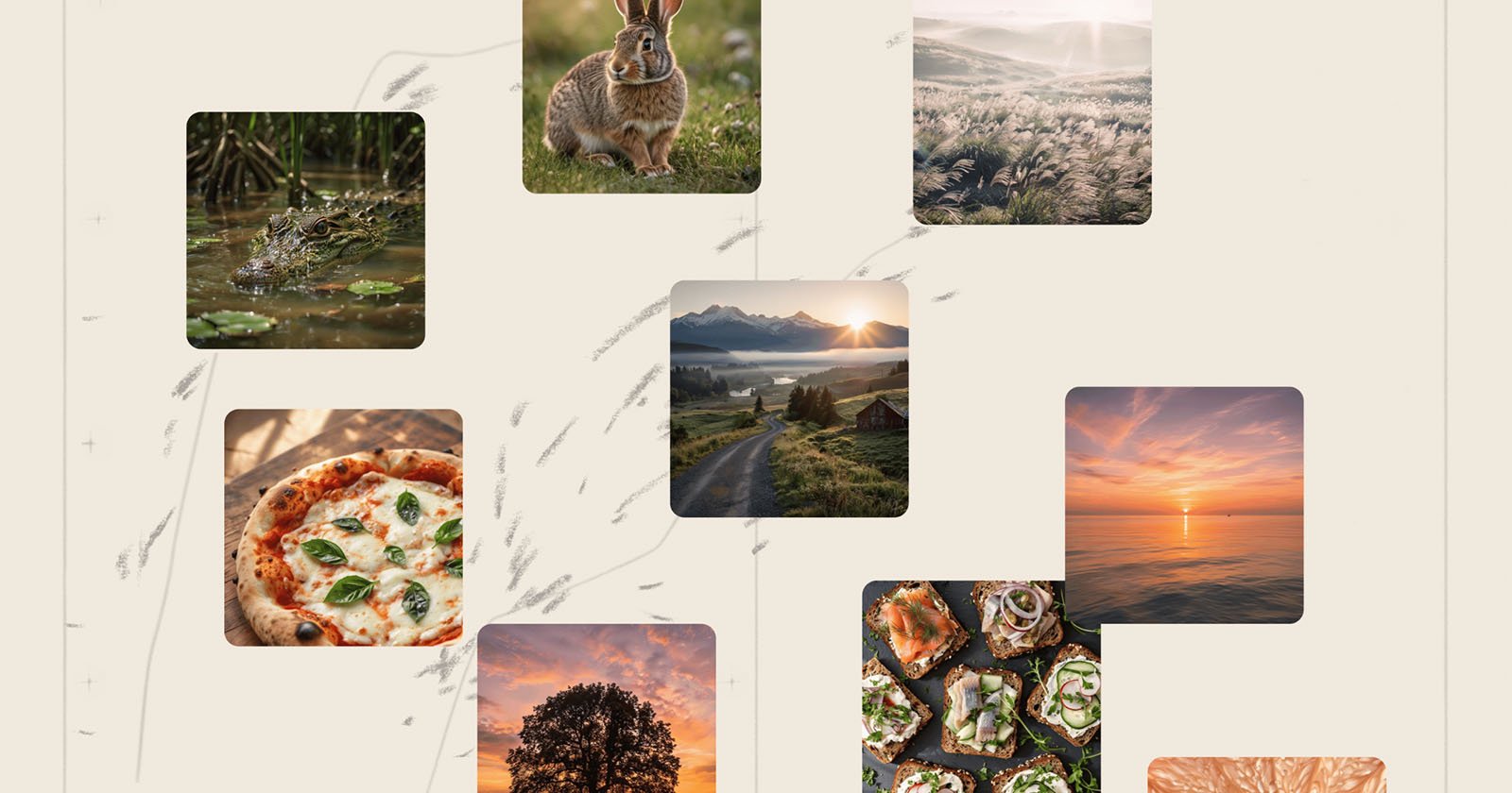 A collage of square photos: a rabbit in grass, misty field, crocodile in water, mountain landscape, pizza, sunset over ocean, tree at sunset, gourmet appetizers, and close-up of citrus fruit slices.