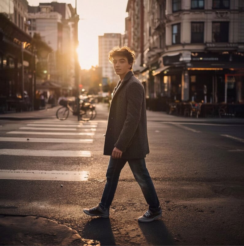 A young man in a coat and jeans walks across a city street at sunset, with warm sunlight illuminating the scene and buildings, cafes, and bicycles in the background.