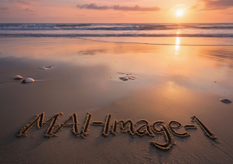 MAI-Image-1" is written in the wet sand on a beach at sunset, with gentle waves and an orange-pink sky in the background as the sun nears the horizon.