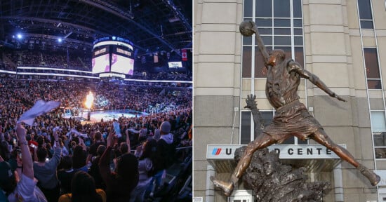 A split image showing, on the left, a packed basketball arena with cheering fans and flames at center court, and on the right, a large statue of a basketball player in a slam dunk pose outside an arena entrance.