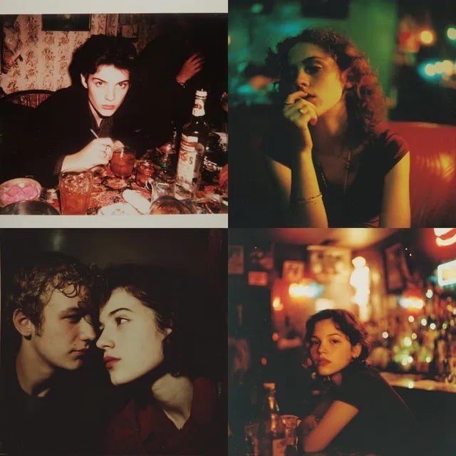 A collage of four moody, vintage-style photos featuring young adults in dimly lit bars, with drinks and pensive expressions, bathed in warm and greenish tones.