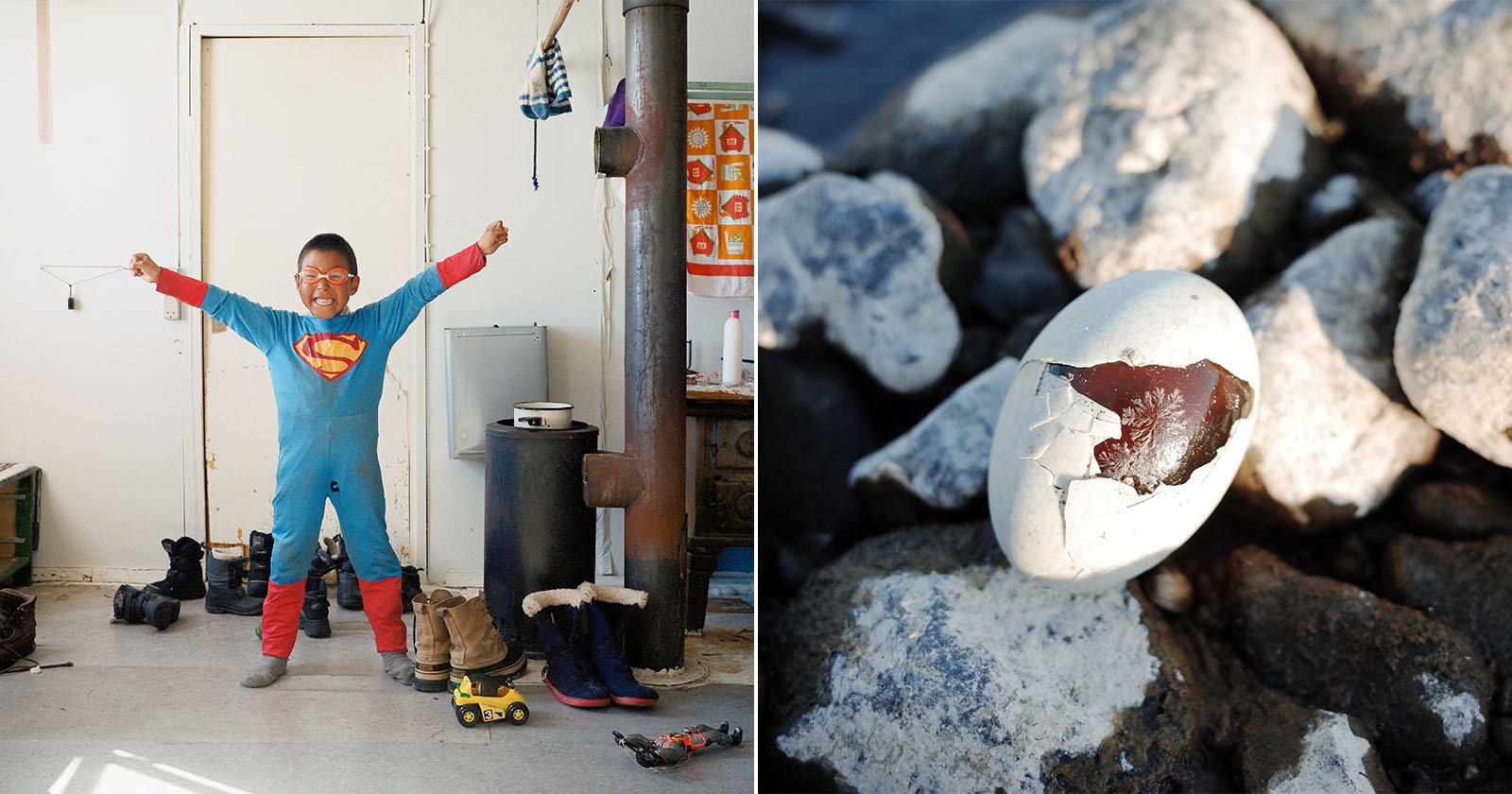 Split image: On the left, a child in a Superman costume stands indoors with arms raised, smiling. On the right, a cracked egg with a dark beak emerging lies among gray rocks.