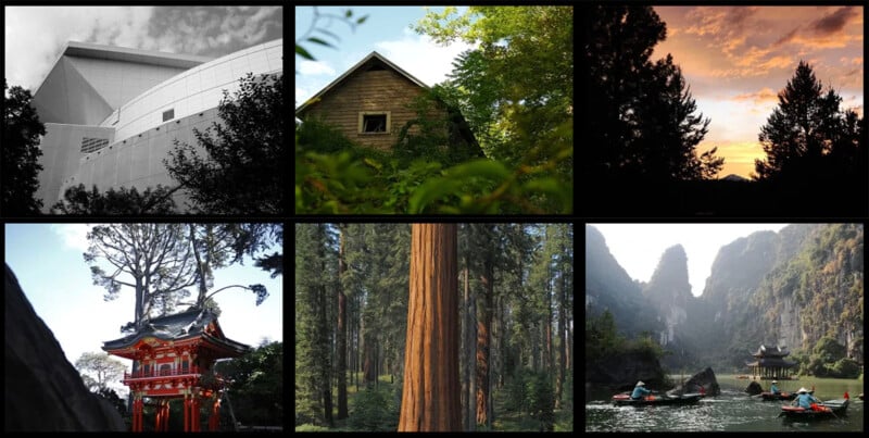 Collage de seis imágenes: edificios blancos modernos, casas de madera verde, puesta de sol a través de árboles, templos rojos, árboles altos y kayak a lo largo de las montañas.