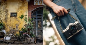 Left: An old bicycle leans against a weathered, yellow wall with peeling paint and plants nearby. Right: A person in jeans holds a vintage camera by the strap, visible from the waist down.