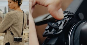 A person with curly hair stands outdoors wearing a tan sweater with a camera hanging on a strap behind their back; next to a close-up of a hand adjusting a black camera strap clip attached to a camera.