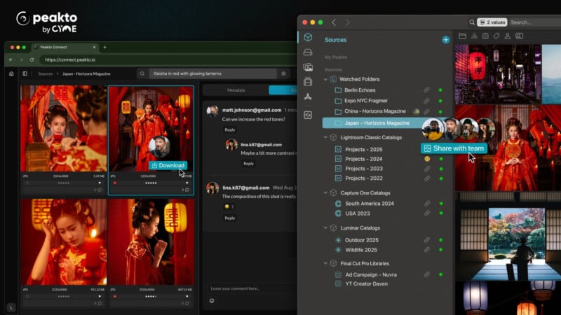 A computer screen shows two application windows: one displaying a photo library with red-themed portraits and a download button, and another listing various folders and catalogs with checkmarks and user icons.