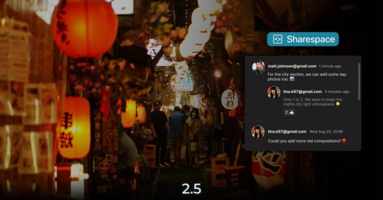 A lively, lantern-lit street in Japan at night with people walking. Overlayed is a chat window titled "Sharespace," showing a conversation about photo compositions and nighttime photos. The number "2.5" appears at the bottom.