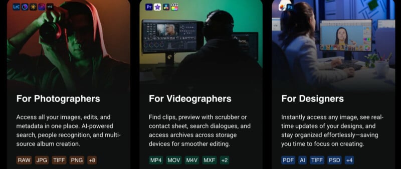Three panels promoting creative tools: left shows a hooded figure with cameras for photographers, center shows a person at a computer with video for videographers, right shows a person editing images on dual monitors for designers.