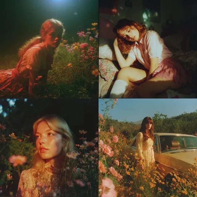 A collage of four dreamy, vintage-style photos of young women in soft lighting: two are among wildflowers outdoors, one sits on a bed indoors, and one stands near a classic car in a flower-filled field.