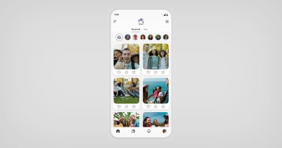 A smartphone screen displays a social media app interface with a feed of group selfies, icons for navigation at the bottom, and profile stories in circles across the top.