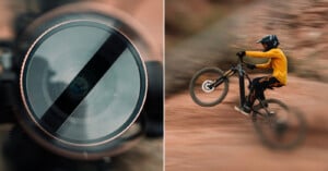 Split image: Left shows a close-up of a camera lens. Right shows a cyclist in a yellow jacket performing a wheelie on a mountain bike, with a blurred background indicating motion.