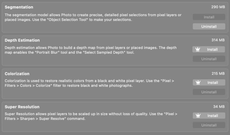 Captura de pantalla que muestra cuatro módulos de software: segmentación, estimación de profundidad, sombreado y superresolución. Cada uno tiene una breve descripción, tamaño de archivo y un botón de instalación o desinstalación a la derecha.