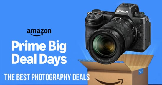 A Nikon camera hovers above an open Amazon box on a blue background. Text reads, "Amazon Prime Big Deal Days. The best photography deals.