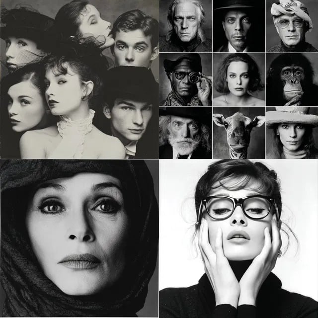 A collage of black-and-white portraits shows expressive faces, including men, women, and animals. Some images feature dramatic lighting and costumes, while others have people posing thoughtfully with accessories like hats and glasses.