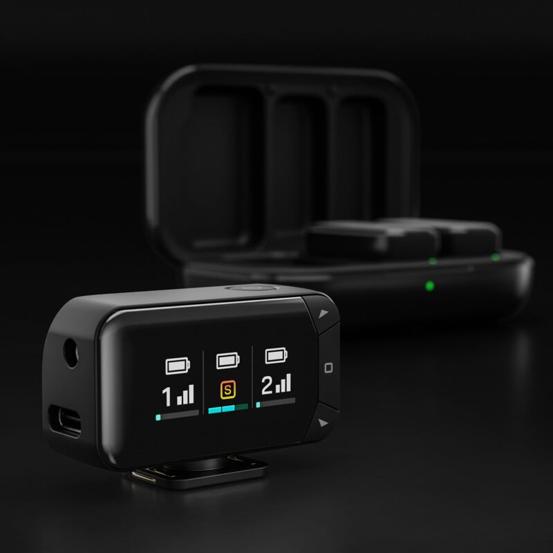 A close-up of a small black electronic device with a digital display showing two battery icons and numbers, with a case and green indicator lights blurred in the background.