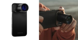 Side-by-side images showing a smartphone with a detachable camera lens attached: on the left, a close-up of the phone with lens on a white background; on the right, a person holding and using the phone outdoors.