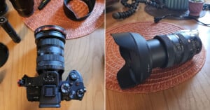 Split image: Left side shows a digital camera with a zoom lens attached, placed on a wooden table. Right side shows the same lens with a lens hood, resting on an orange woven placemat.