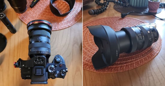 Split image: Left side shows a digital camera with a zoom lens attached, placed on a wooden table. Right side shows the same lens with a lens hood, resting on an orange woven placemat.