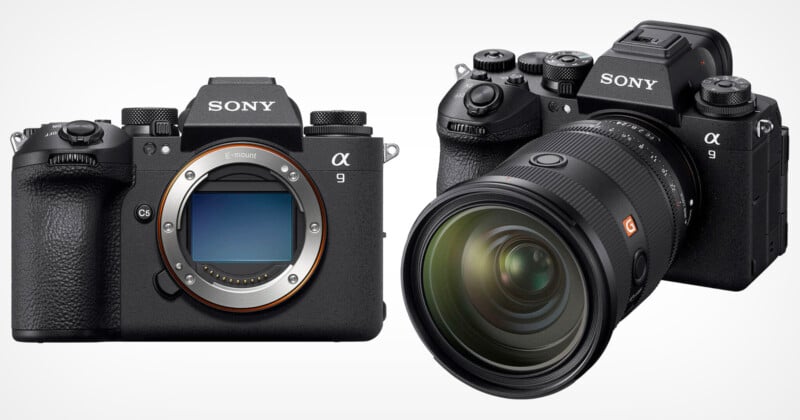 Two Sony Alpha 9 cameras are shown: one camera body without a lens displaying its sensor, and one with a large zoom lens attached, both against a plain white background.