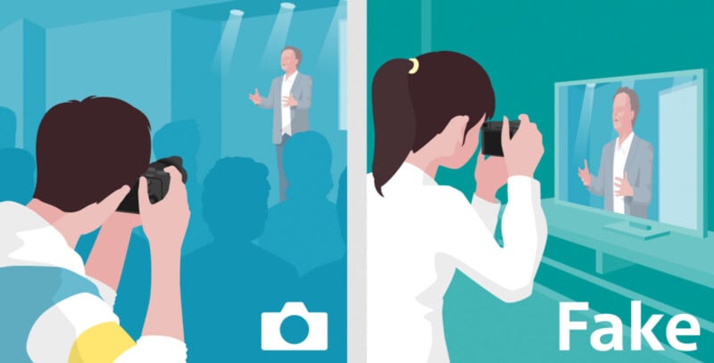 Split image: Left side shows a person taking a photo of a speaker on stage in front of an audience. Right side shows someone photographing a screen with a speaker, labeled "Fake.