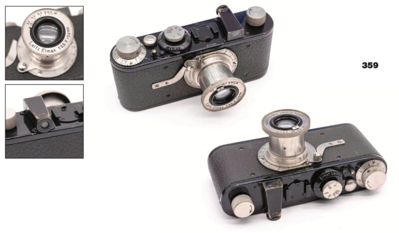 An antique black and silver Leica camera is shown from multiple angles, including close-ups of the lens and viewfinder. The camera features textured grips and metal dials. The number 359 is printed on the right side.