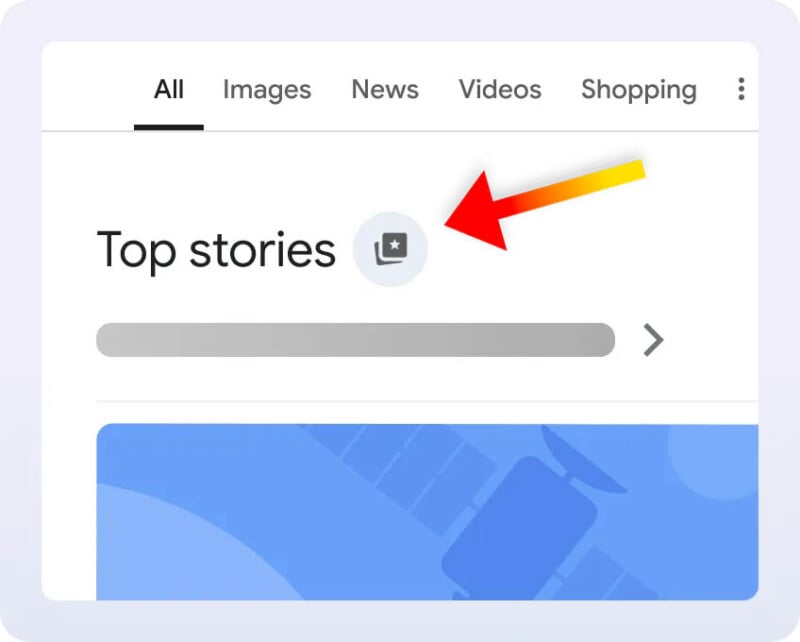 captura de pantalla de "Historias populares" sección en la página de resultados de búsqueda con una flecha roja y amarilla que apunta a un pequeño ícono de estrella gris en un círculo encima de la historia.