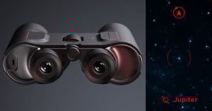 A pair of high-tech binoculars is shown on the left. On the right, a digital display shows a starry night sky with a red target reticle and “Jupiter” highlighted at the bottom with a red planet icon.