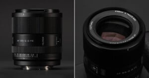 Side-by-side images of a Viltrox 85mm f/2.0 FE camera lens; one shows the lens upright highlighting focus and aperture rings, the other shows a top view with glass elements and text details visible.
