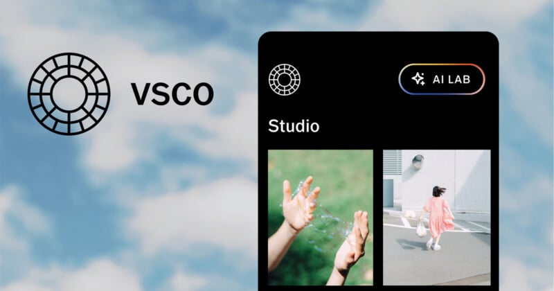 VSCO logo and text appear on a blue sky background, next to a phone screen showing the VSCO app interface with a Studio section and two photos: hands with water droplets and a child in a pink dress.