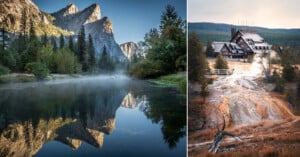 Left: A serene river reflects tall pine trees and dramatic mountain cliffs under a clear blue sky. Right: A rustic lodge with steep roofs sits amid steam vents and pine-dotted hills in a golden landscape.