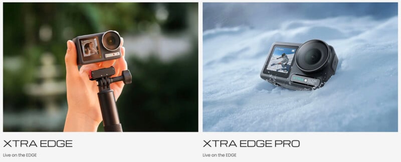 Side-by-side images: Left, a hand holds an action camera on a tripod outdoors. Right, a similar action camera rests on snow, displaying a skier on its screen. Both are labeled XTRA EDGE and XTRA EDGE PRO.