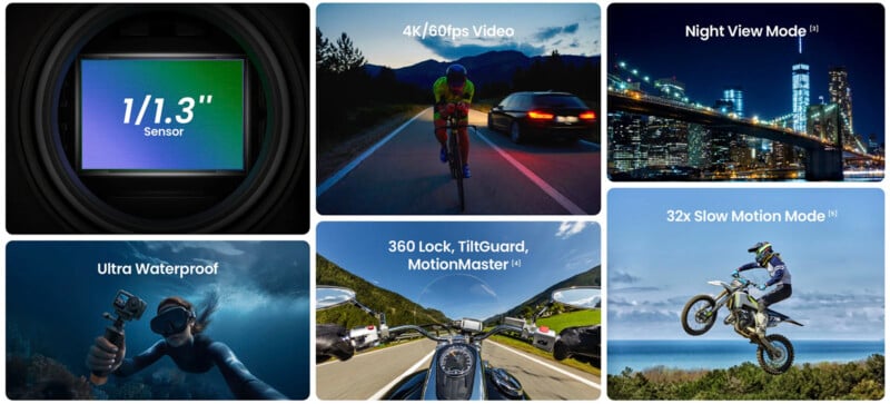 A collage shows a camera sensor, a cyclist at sunset labeled "4K/60fps Video," a city skyline at night labeled "Night View Mode," an underwater diver labeled "Ultra Waterproof," a motorcyclist on a road labeled "360 Lock, TiltGuard, MotionMaster," and a motocross rider mid-air labeled "32x Slow Motion Mode.