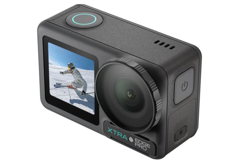 A black action camera labeled "XTRA EDGE PRO" displays a skier in a snowy landscape on its screen. The camera features a large lens, a power button, and a circular button on top.