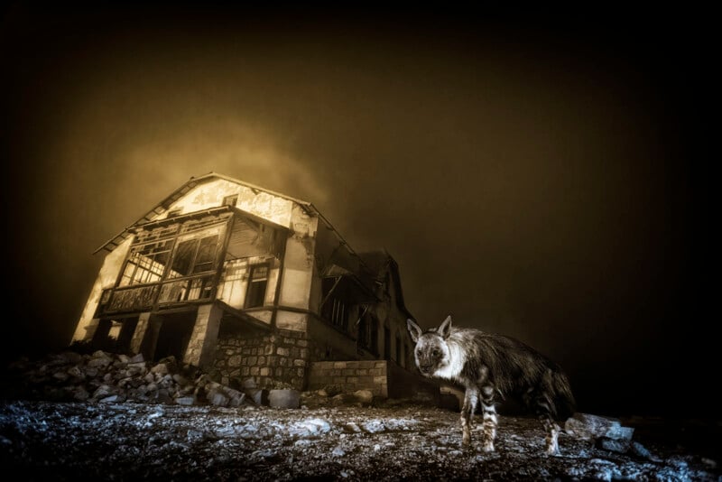 A dark, dramatic scene featuring a dilapidated, abandoned house with broken walls and a striped hyena standing in the foreground under an eerie, glowing sky.