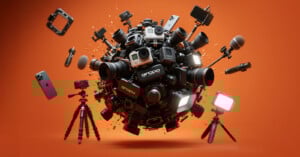 A spherical cluster of cameras, tripods, microphones, lights, and other filming equipment floats against an orange background, with various devices radiating outward in dynamic motion.