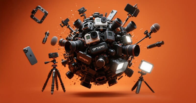 A spherical cluster of cameras, tripods, microphones, lights, and other filming equipment floats against an orange background, with various devices radiating outward in dynamic motion.